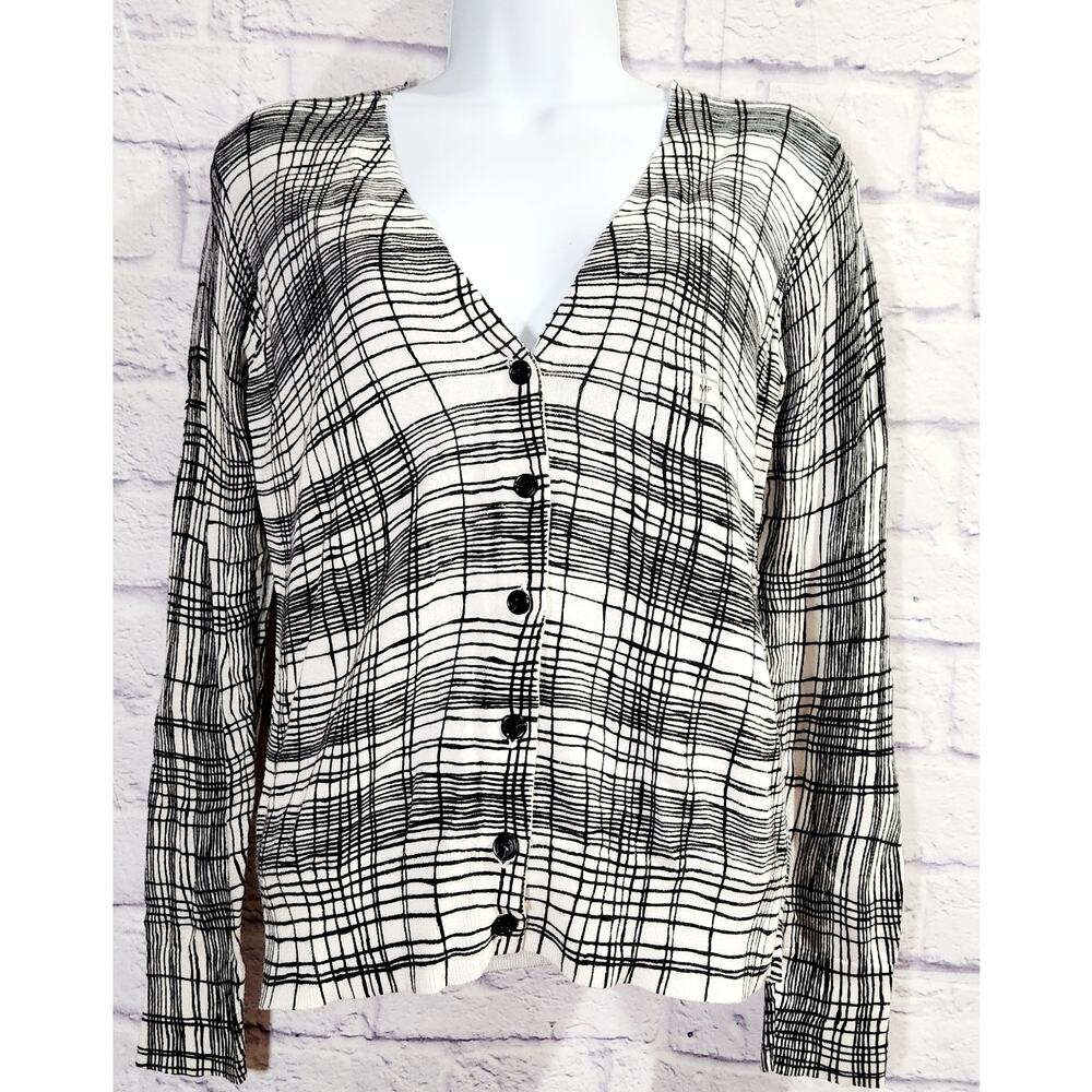 Loft White Black Plaid Button Up Cardigan Sweater MP Lightweight Soft Stretchy